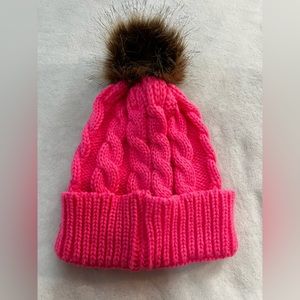 Hot Pink Knit Hat, Brown Fur Puff, OS